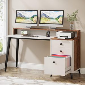 Bureau d'<span class=keywords><strong>ordinateur</strong></span> de 56 pouces avec armoire à tiroirs, bureau ergonomique avec étagères <span class=keywords><strong>pour</strong></span> moniteur, table d'<span class=keywords><strong>ordinateur</strong></span> avec espace <span class=keywords><strong>pour</strong></span> <span class=keywords><strong>imprimante</strong></span> - Product Image 1