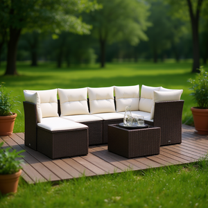 Brown <b>Rattan</b> Garden <b>Sofa</b> Set 6 Seater Outdoor Furniture Weather Resistant Contemporary Design - Product Image 2