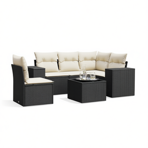 Patio <b>Sofa</b> Set Black PE <b>Rattan</b> Powder Coated Steel Frame Garden <b>Outdoor</b> Furniture 6 Seater Contemporary Design - Product Image 1
