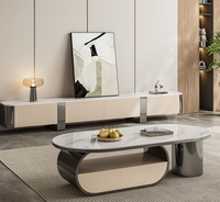 Ensemble de meubles de salon de luxe italien, table basse en marbre moderne et meuble TV extensible en acier inoxydable, design contemporain