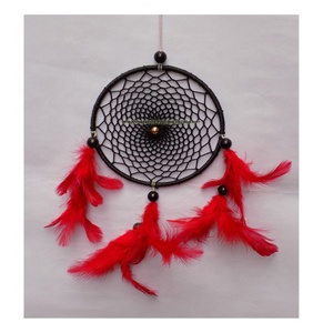 Atrapasueños tradicional Circular hecho a mano, atrapasueños con plumas en Color rojo y negro para el hogar - Product Image 3