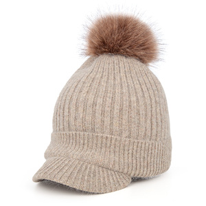 Fabricant d'hiver <span class=keywords><strong>Bonnet</strong></span> à visière en laine angora tricoté personnalisé avec <span class=keywords><strong>pompon</strong></span> en fourrure pour hommes femmes - Product Image 2