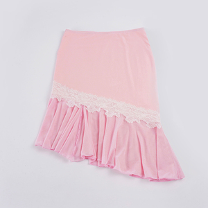 Sweet Lace Trim Chiffon A-Line <b>Skirt</b> Women Ruffle <b>Patchwork</b> Asymmetrical Hem Mesh Layered Girly Mini Natural - Product Image 2