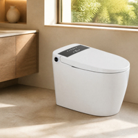 WC intelligent électrique monobloc à double chasse, à poser au sol, avec cuvette allongée, système S-Trap et télécommande incluse