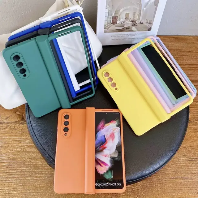 With Hinge Connection 3 in 1 Combo Phone Case for Samsung Galaxy Z Fold 6 5 3 4 Macron Color Hard Cover Fold5 Fold4 Fold3 Funda