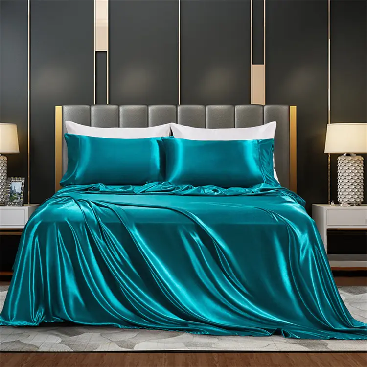 OEM Logo benutzer definierte Hotel nach Hause weich 100% Polyester Satin Seide Twin Full Queen King Bettwäsche flach Spann betttuch Kissen bezug Set