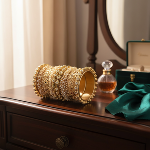 Openable <b>Bangles</b> <b>Set</b> 10573835-Gold Plated Pota Stone and Pearls Elegant Pearl Bracelets & <b>Bangles</b> - Product Image 3