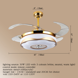 Hoge Kwaliteit Plafond Ventilator Verlichting Goud Moderne Kristallen Met Afstandsbediening Onzichtbare <span class=keywords><strong>Blade</strong></span> Voor Thuis Eetkamer Woonkamer - Product Image 3