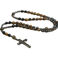 Collier pendentif croix chrétienne en pierre naturelle avec perles en œil de tigre et fer, chapelet unisexe, vente en gros