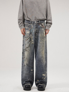 Jeans distintivos <span class=keywords><strong>rectos</strong></span> sueltos para hombre con impresión digital de Corte Real de calle alta popular de primavera - Product Image 2