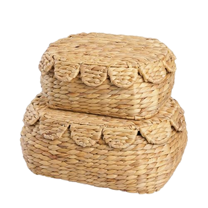 Set of 2 <b>Small</b> Vintage Circle Scalloped Edge Water Hyacinth Storage <b>Baskets</b> <b>with</b> <b>Lids</b> Eco-Friendly & Multifunction - Product Image 1