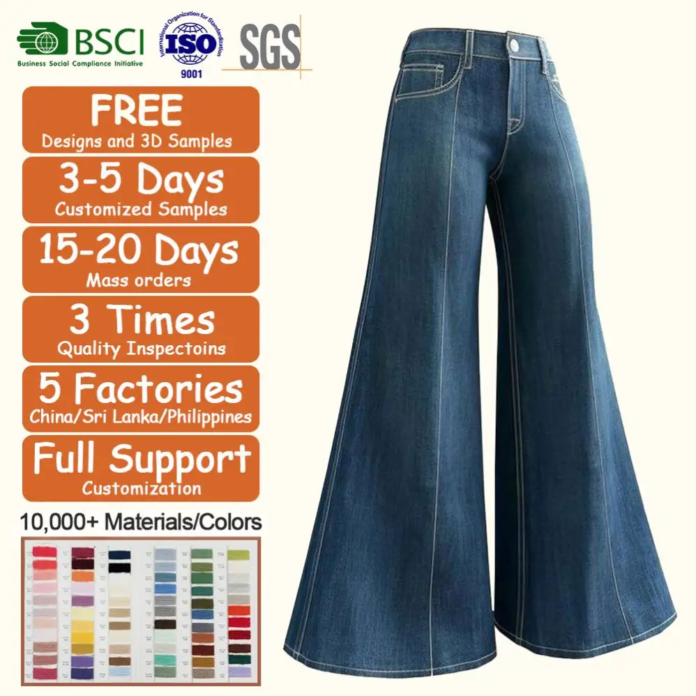 Tùy Chỉnh Quần Nặng Rửa Womens Jeans Rộng Chân Denim Quần Cao Eo Cổ Điển Phụ Nữ Đáy