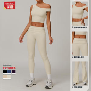 Zechuang Ensemble de yoga asymétrique à épaules dénudées, couleur unie, ensemble 2 pièces pour femmes, vêtements de sport, fitness, course à pied, TZ9207 - Product Image 2