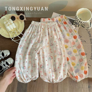 Tongxingyuan Girls Summer Thin Cotton Pants Cartoon Print Loose Fit Air Conditioning Pants - Product Image 1