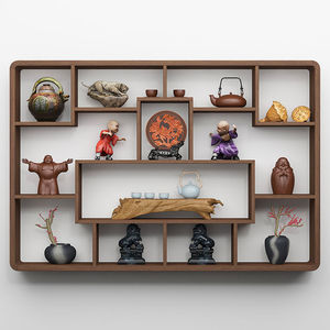 Solid Wood Chinese Style Wall Mounted Display <b>Shelf</b> Rectangle Multi Functional Tea Room Cabinet Decorative Storage <b>Rack</b> - Product Image 2