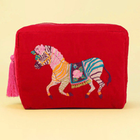 Pochette de voyage brodée pour pinceaux de maquillage, avec pompons, fermeture éclair, motif zèbre, en velours, sac de toilette pour poudre