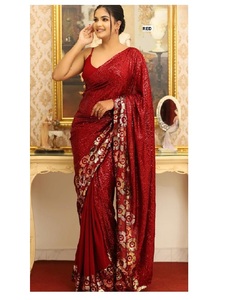 Sari en Georgette Lourde de Luxe Tissé à la Main, Ornements Traditionnels à Double Paillette, Entièrement Brodé de Paillettes, Protection Solaire, Séchage Rapide - Product Image 1