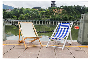 Chaise longue pliante en bois pour plage, patio, camping, pêche, hôtel, capacité 300 lb, cadre en toile blanche portable avec coussin - Product Image 2