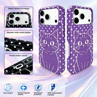 Coque de téléphone en cuir PU brillant à pois motif chat pour iPhone 15 Pro Max, style dessin animé mignon, protection de l'appareil photo surélevée, anti-chute