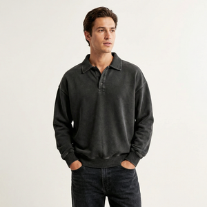 Sweat-shirt rétro délavé aux enzymes, noir vintage décoloré, en molleton <span class=keywords><strong>de</strong></span> coton, coupe oversize, col <span class=keywords><strong>rugby</strong></span>, épais, style sportswear, sans motif - Product Image 2