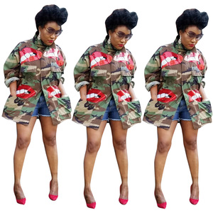 Sequin Lips Printed Denim Jackets <strong>Women</strong> Wash <strong>Camouflage</strong> Fashion Pocket Jean Jacket Denim <strong>Coat</strong> <strong>Women</strong> Jeans <strong>Coat</strong> Plus Size 6XL - Product Image 1