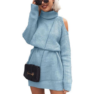 Maglione a collo alto Vestito Lungo Maglione Donne Maglione Largo Della Spalla del Vestito - Product Image 4