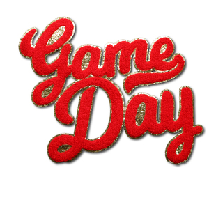 Hot Selling Red Logo Jacket Patches Custom Chenille Gameday Patch with Glitter Embroidered Twill Fabric Iron-On Western Style - Product Image 1