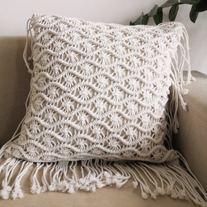 Handmade Macramé Cushion Cover Square Bohemian Style <b>White</b> Cotton Abstract Geometric Pattern Home Decor - Product Image 1