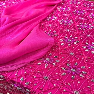 Tissu brodé haut de gamme avec perles et strass pour robes, dentelle textile de luxe faite à la main pour robes de mariée - Product Image 1