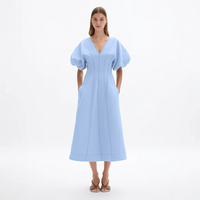 Robe midi de bureau personnalisée pour femme, en popeline de coton, bleu pétrole, col en V profond, manches bouffantes, coupe trapèze, couture princesse, poches latérales