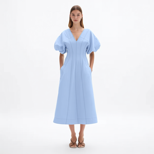 Abito Midi da Ufficio Personalizzato per Donna, Blu Periwinkle, Scollo a V Profondo, Maniche a Sbuffo, Linea A, Cucitura Principessa, Tasche Laterali, in Popeline di Cotone - Product Image 3