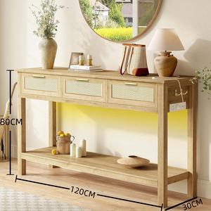 Houten rotan consoletafel, smalle lange salontafel, entreetafel met <span class=keywords><strong>3</strong></span> laden, haken en open opbergplank - Product Image 3