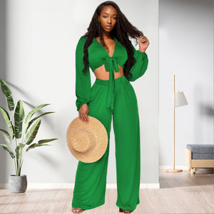 Nuevo Diseño, Ropa de Talla Grande para Mujer, Formal, para Salir, de Color Sólido, Pantalón de Pierna Ancha, Conjunto de 2 Piezas, a la Moda - Product Image 3