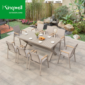 Design moderno esterno in alluminio Set da pranzo Patio balcone mobili da caffè <span class=keywords><strong>con</strong></span> tavolo da pranzo in legno e 6 <span class=keywords><strong>sedie</strong></span> per uso ristorante - Product Image 5