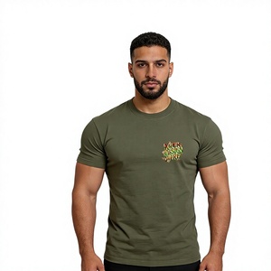 Custom Men's Olive Green 100% Cotton Short Sleeve T-Shirt With Front Print Design O-Neck Casual Jersey Knitted Style - Product Image 3