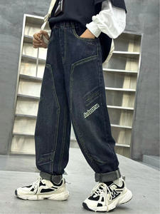 Vaquero suelto de pierna recta informal para niños con bordado "AZZURRO", pretina elástica, múltiples bolsillos, no elástico para todas las estaciones - Product Image 3