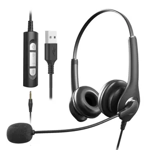Bisnis Berkabel 3.5Mm USB Terhubung 2 In 1 Headset Over Ear Headset Pusat Panggilan HD Headset Telepon Bebas Genggam
