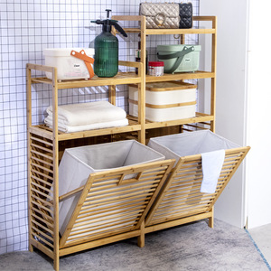 Estante de almacenamiento de bambú de 60x70 cm, 4 niveles, con cesto para la ropa sucia, para organizar el baño - Product Image 4