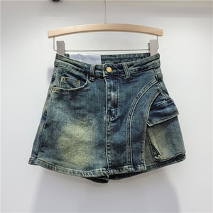 New Design Vintage Blue <strong>Black</strong> Washed Denim <strong>Skorts</strong> Women High Waist Sexy Jean Shorts Ladies Designer Asymmetrical Mini Skirts - Product Image 2