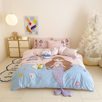 Parure de lit pour enfants en coton lavé, motif dessin animé, broderie, housse de couette, drap, taie d'oreiller, douce et respirante, pour chambre de filles