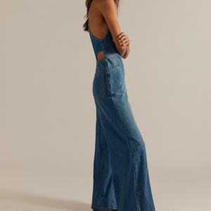 จั๊มสูทเดนิมทรงสลิมฟิตสไตล์เรโทรใหม่สำหรับผู้หญิง แฟชั่นสตรีทสไตล์ เปิดหลัง สีน้ำเงินฟอก เอวสูง ทรงสกินนี่ - Product Image 2