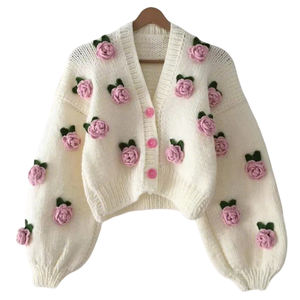 Vente en gros en usine Cardigan rétro rose pour femme, rose, personnalisé, tricoté à motif floral, tissé à la main, au <span class=keywords><strong>crochet</strong></span> pour femmes - Product Image 2