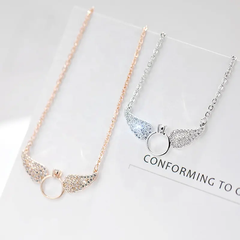 QIANZUYIN Customized Fashion Personality Jewelry Ring Wings Rhinestone Zircon Female Pendant Diamond Necklace