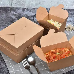 Caixa de papel Kraft personalizada para comida, recipiente biodegradável à prova de óleo e vazamento para alimentos cozidos, caixa de salada