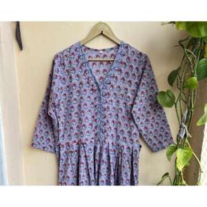 Violet indien imprimé robe menthe Boho robe courte bloc impression collection indien tuniques main robe coton longue robe - Product Image 2