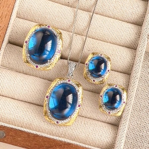 Fashion Eco-friendly Copper Retro Pendant Earrings <b>Rings</b> <b>Set</b> 15*20/10*12mm Blue Zircon Party Jewelry <b>Sets</b> for <b>Women</b> Glamorous - Product Image 3