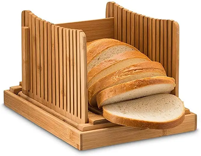 Affettatrice per pane regolabile in legno di bambù più venduta con coltello e vassoio per briciole