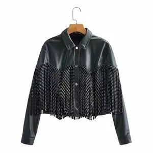 hot sale quality wholesale custom women's faux leather jackets fringe fashion ladies winter jacket supplier