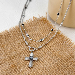फैशन पीतल का रोडियम सफेद सोने का हार क्रॉस पेंडेंट डबल चेन ब्लैक ज़िरकोनियम डायमंड हार हार - Product Image 1