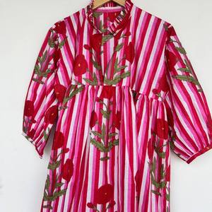 Women's Striped Hand Block Print 100% Cotton <b>Summer</b> Floor-Length <b>Kaftan</b> Eco-Friendly Lightweight Breathable V-neck Embroidery - Product Image 1